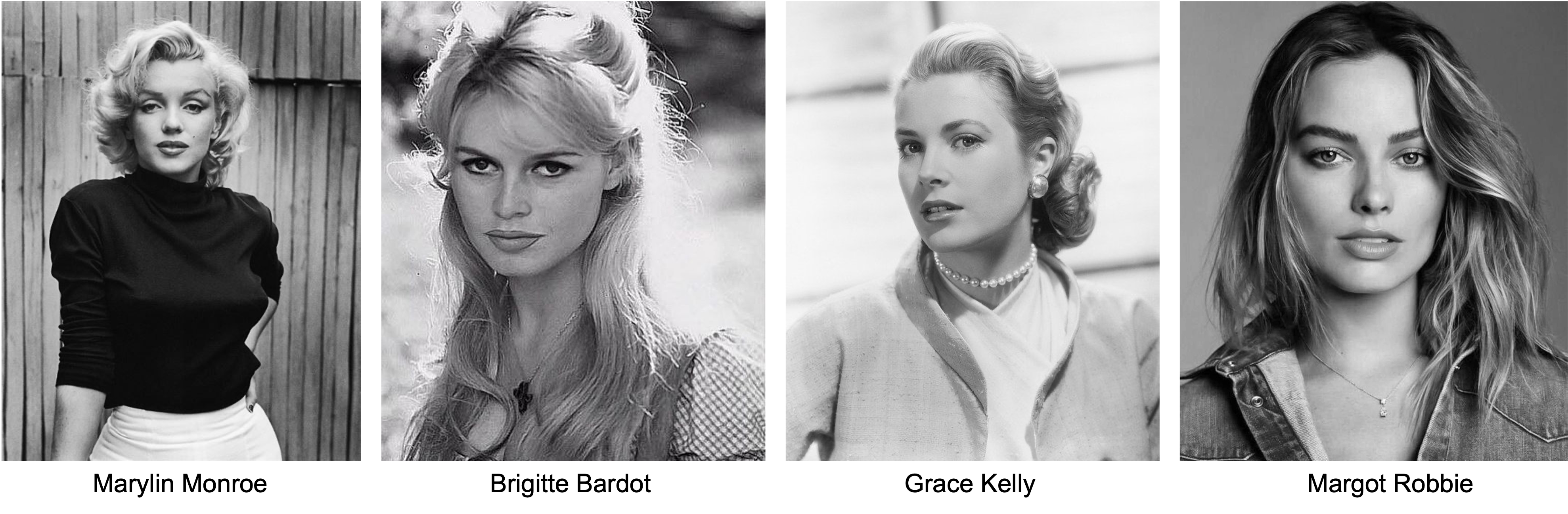 Marilyn Monroe, Brigitte Bardot, Grace Kelly, Margot Robbie